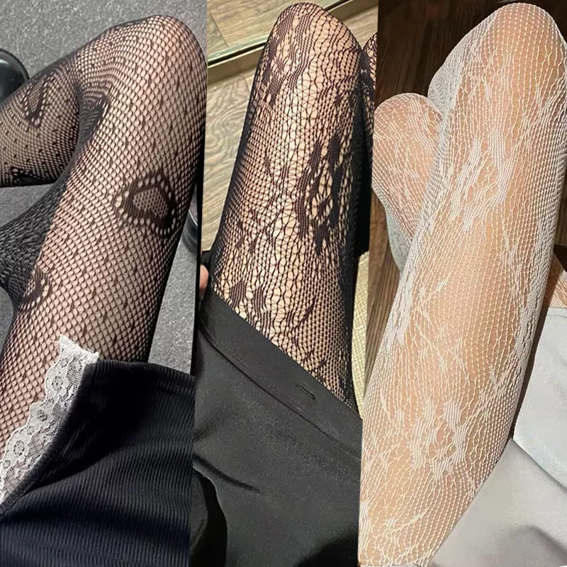 

Lace Pantyhose Lady Fishnet Tights Froral Hollowed Mesh Stockings Japanese Bottomed Women Leggings Rattan Black Stocking Legging