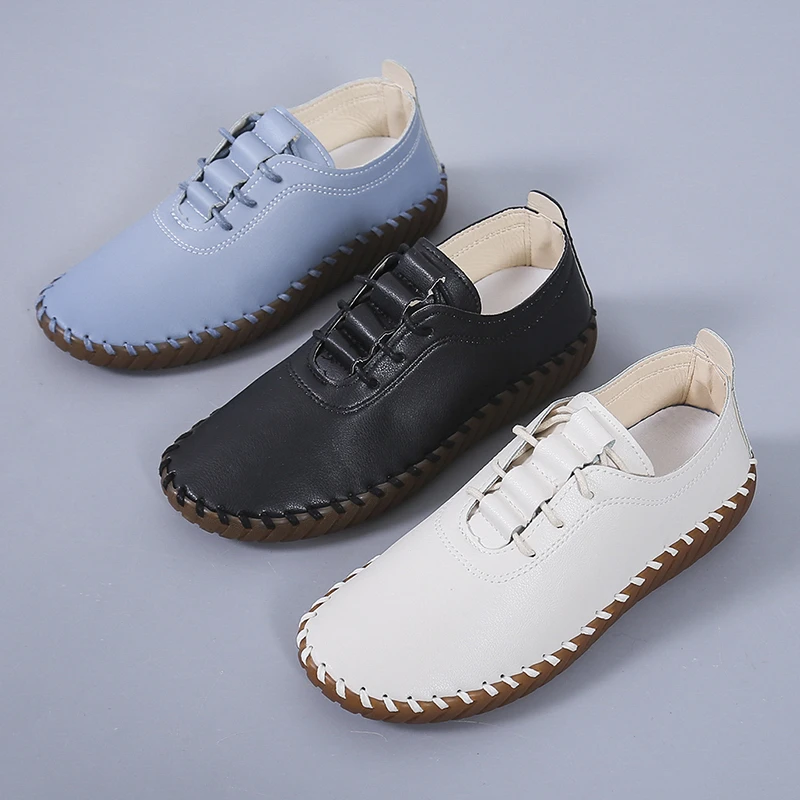 

Newest Woman Flats Casual Sew Oxford Shoes Female Lace Up Leather Single Shoes Comfortable Moccasins Loafer Shoes Plus Size