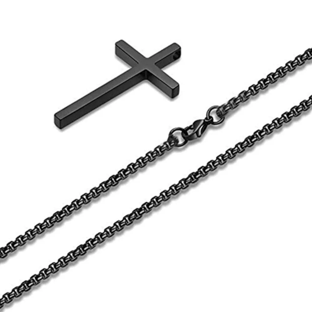

Цепочка Ytrkiasy для мужчин и женщин, ожерелье из нержавеющей стали серебристого и черного цвета с простым кулоном-крестом, цепь в коробке для м...