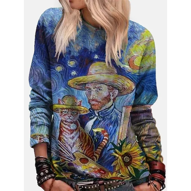 

[New In] Women's Abstract Geometric Painting T shirt Striped Graphic Patchwork Print Round Neck TOP