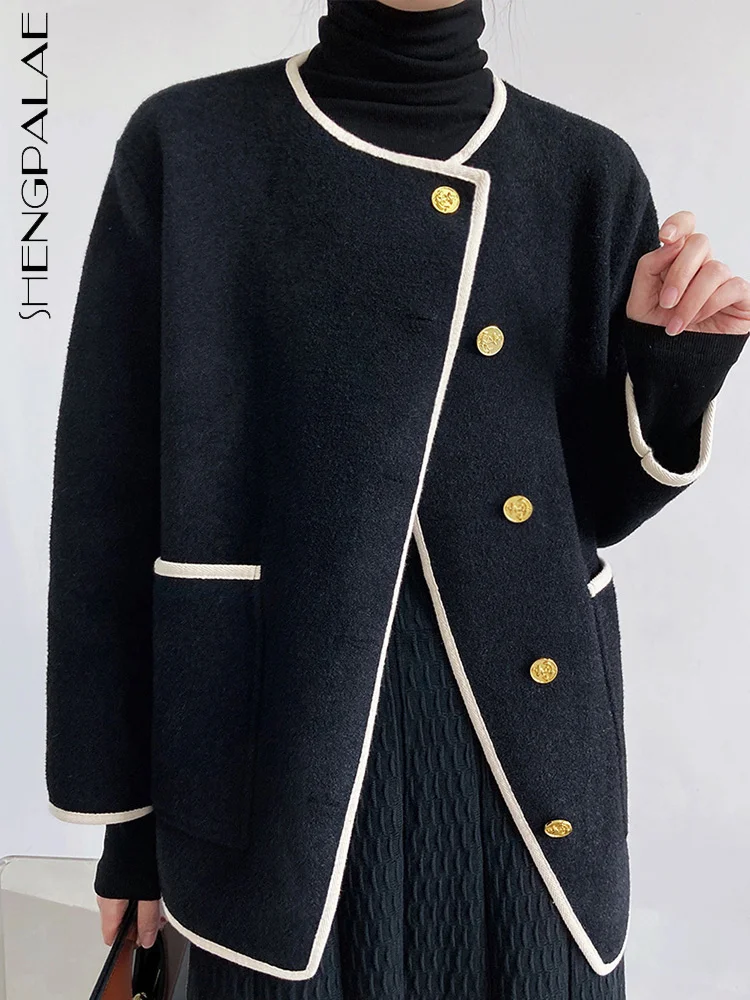 

SHENGPAIAE модное шерстяное пальто с длинными рукавами и металлической пряжкой, новинка весны 2023, короткое двустороннее ветрозащитное пальто дл...