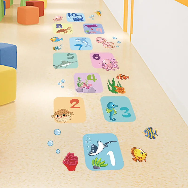 

Cartoon Undersea world hopscotch children's room kindergarten decorative stickers DIY self-adhesive living PVC room decoration