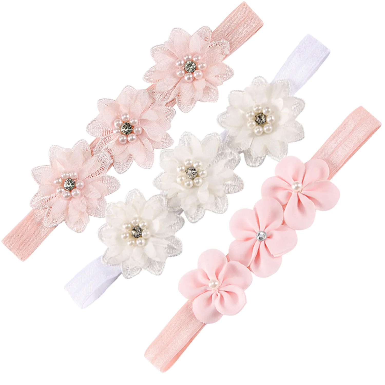

Baby Girl Headband Newborn Band Handmade 3 Pearl Water Soluble Flower Head with Baby Headdress Chiffon Flower Stretch Hair Band