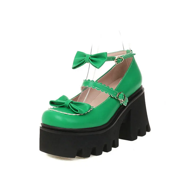 

Lovely Mary Janes Shallow Buckle Strap Bow Women Pumps Thick Heels Platform Square Toe Sewing Sweet Outside Dress School Shoes