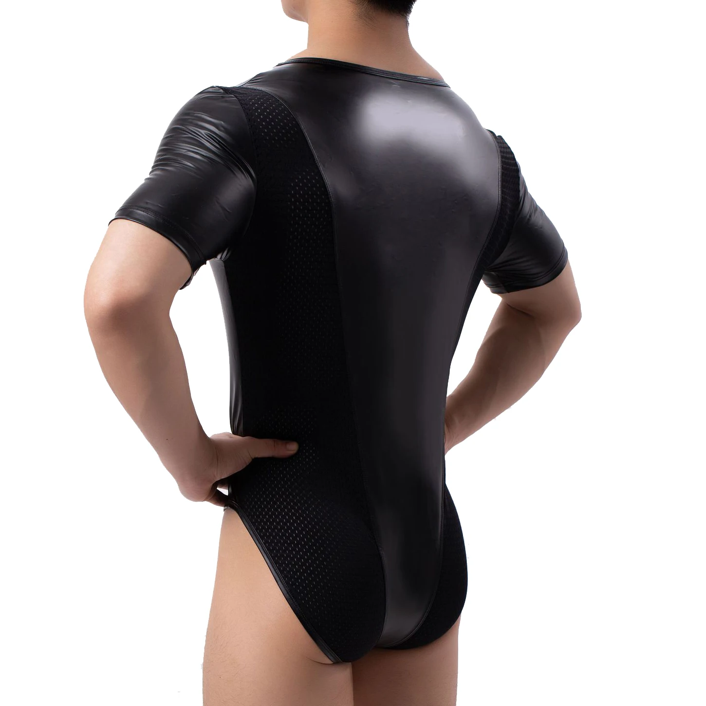 Sexy Men Faux Leather Front Cross Straps Bodysuit Underwear Nightclub Outfit Wrestling Singlet Tight Catsuit One-piece Jumpsuits