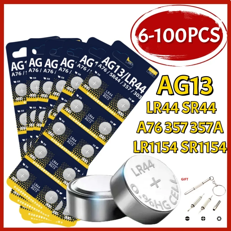 Фото 6-100 шт. AG13 LR44 A76 357A щелочная батарея типа «таблетка» 1,55 В SR44SW L1154 SP76 pila 357 303 для часов Toys No Mercury №1
