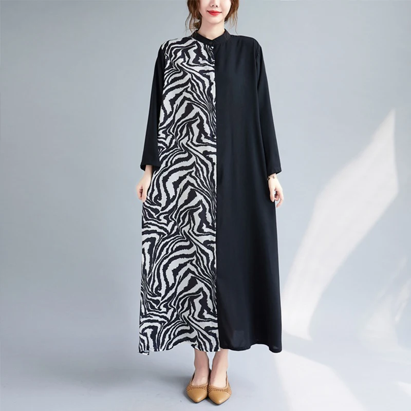 

Patchwork Women Lapel Long Sleeve Printed Shirt Maxi Skirt Loose Casual Cotton Black White Dress for Female Office O-neck 2022