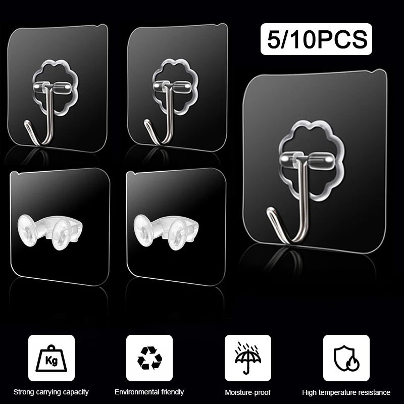 1/2/3/5/10 Household Transparent Strong Self-adhesive Door Wall Hook Suction Heavy Duty Shelf Suction Cup Kitchen Bathroom Hook
