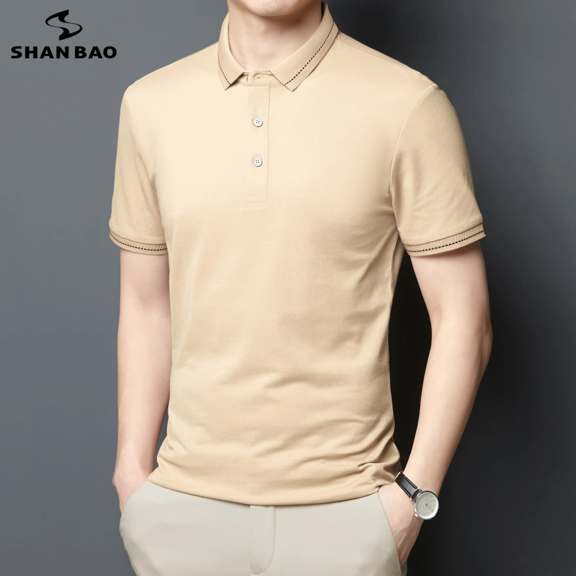 

SHAN BAO summer brand men's slim lapel short-sleeved polo shirt classic simple business casual men's fashion fit silk polo shirt