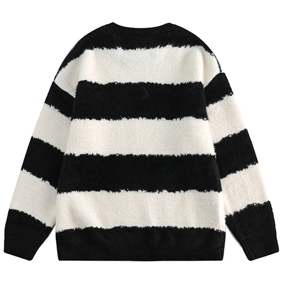 Fluffy Mohair Sweater Men Harajuku Y2K Streetwear Hip Hop Sweaters Striped Knitted Jumpers Oversized Fuzzy Pullover Knitwear
