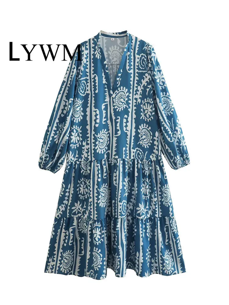 

Модное женское платье-миди LYWM с принтом, свободное винтажное платье с V-образным вырезом и длинными рукавами, женские шикарные длинные плать...