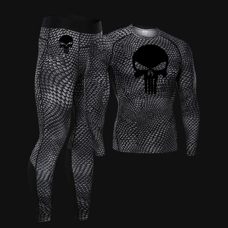 

Men's Compression underwear Fitness Base Layer Skull Long T-shirt Pants 2 Piece Tracksuit Set Sweat-Drying Summer sports tights