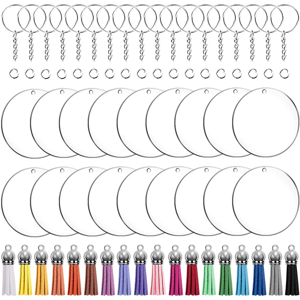72Pcs Acrylic Keychains Round Shape Clear Acrylic Blank Disc Leather Tassel Charms Key Chains Jump Ring for DIY Craft Gifts