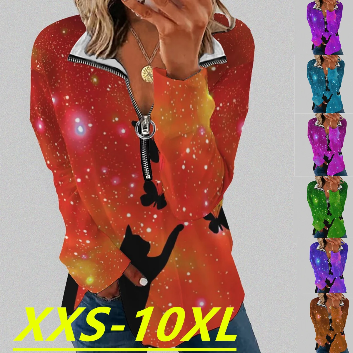 

Autumn/Winter 2022 Fashion Women's Geometric Printing Zipper Round Neck Long Sleeve Casual Plus Size Top XXS-10XL