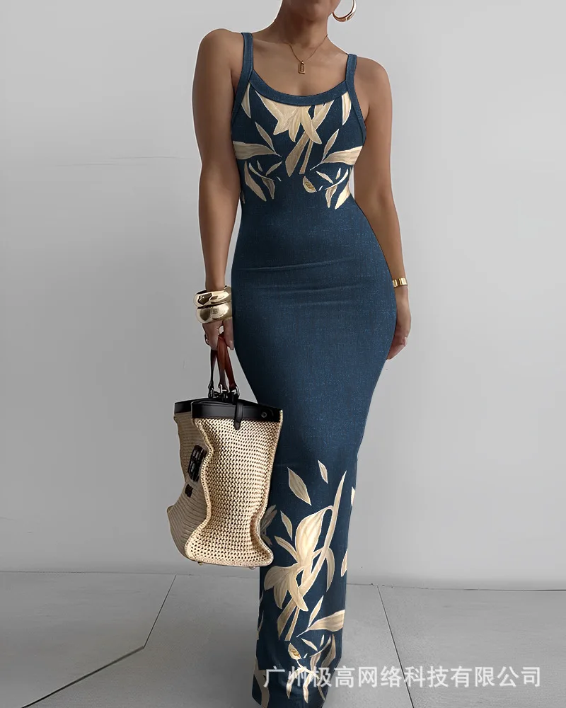 Женское платье с многослойными оборками облегающее на бретелях принтом Новинка