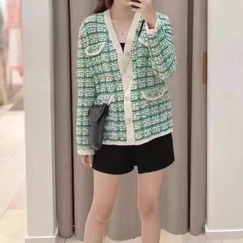 

Women Sweater Tweed Single Breasted Pockets Long Sleeve Knitted Cardigan