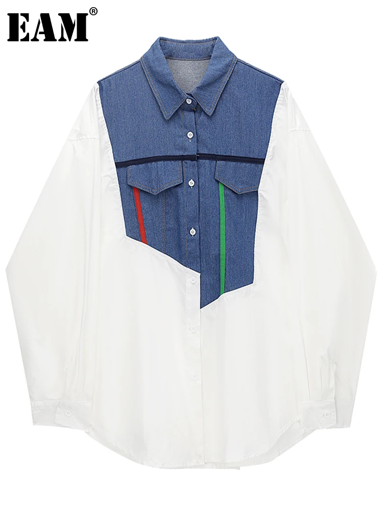

[EAM] Women Blue Denim Big Size Irregular Blouse New Lapel Long Sleeve Loose Fit Shirt Fashion Tide Spring Autumn 2022 1DE6705