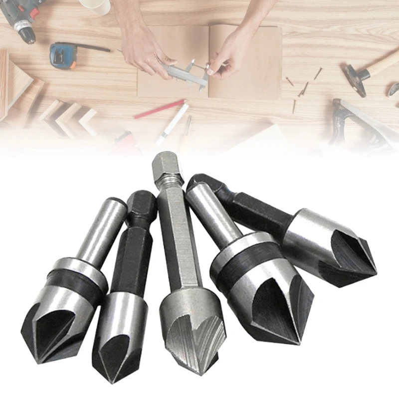 

5 Pcs 5 Flute Counter Sink Drill Bit HSS 82 Degree 1/4" Shank Chamfering Bit Soft Metal Woodworking Drilling Tool Accessories
