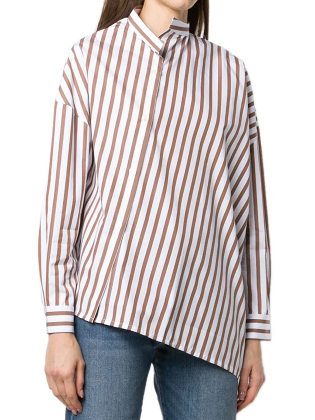 

Jyate Irregular Loose Striped Women's Blouse 2022 Spring Poplin Diagonal Buttons Shirts Stand Collar Fashion Blouse Blusas Mujer