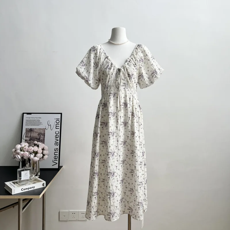 

Floral Dress Women's 2023 Summer New Holiday Style Sweet Off-the-shoulder V-neck Puff-sleeved Long Skirts Elegant Maxi Dresses