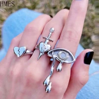hmes 3pcs antique silver color goth ring set love tears eye knuckle rings vintage punk creative bar night club jewelry 2022 new