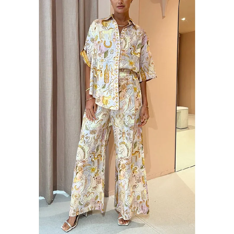 Женский комплект с принтом блузка на пуговицах рукавом до локтя топ карманами