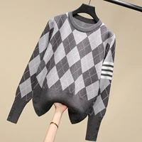 tbdiamond lattice jacquard round neck pullover sweater women all match slim long sleeved bottoming sweater autumn and winter new
