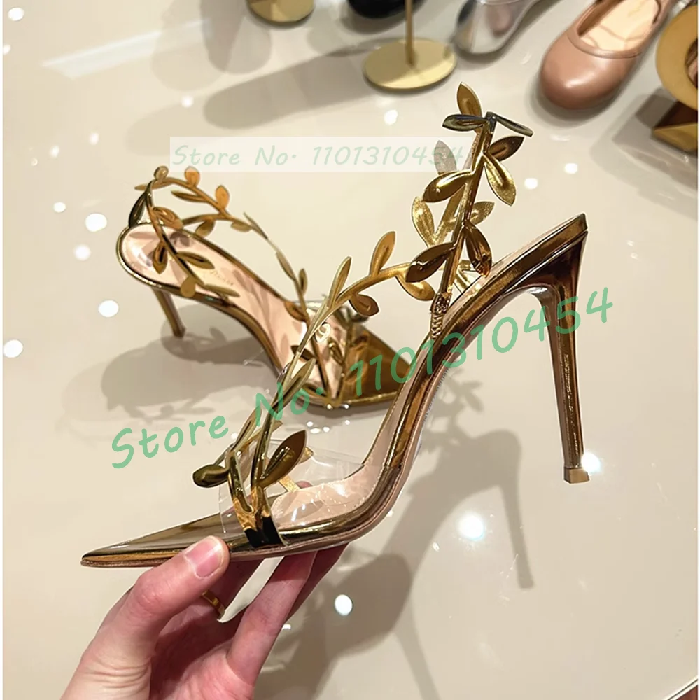 Босоножки женские с золотыми листьями шикарные сандалии на высоком каблуке
