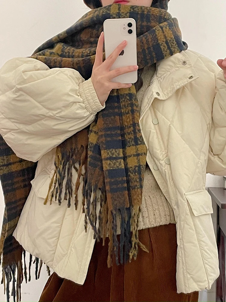 Zzlady Diamond Plaid двубортный пуховик женский 2023 зима новинка с рукавами-фонариками и