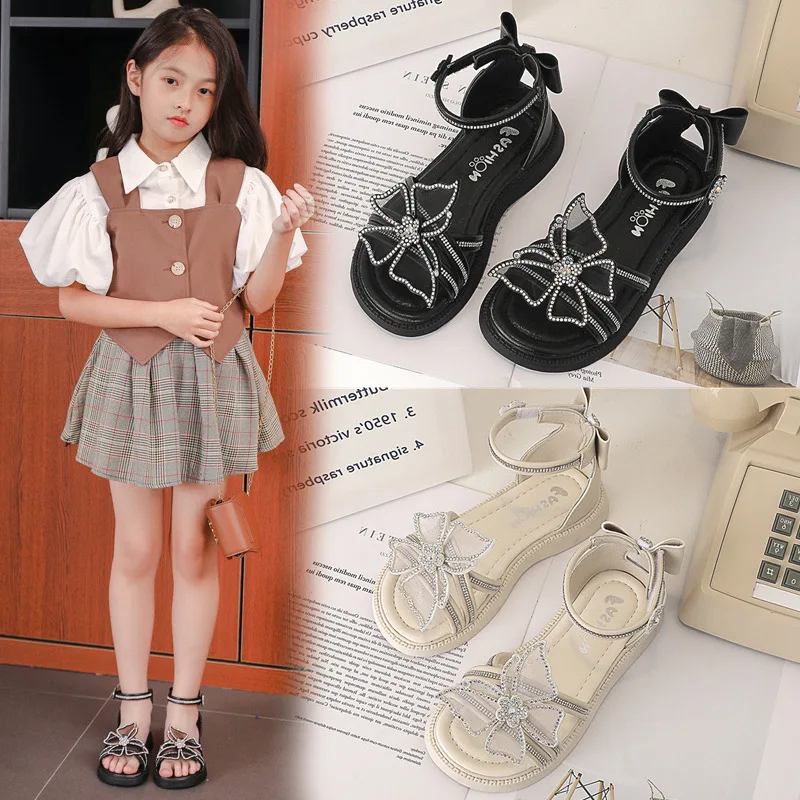 

Rhinestones Bow Roman Sandals Summer 2022 Girl Fashion Barefoot Shoe for Kid Beach Gladiator Sandals Child Shoe for Girls 3-12