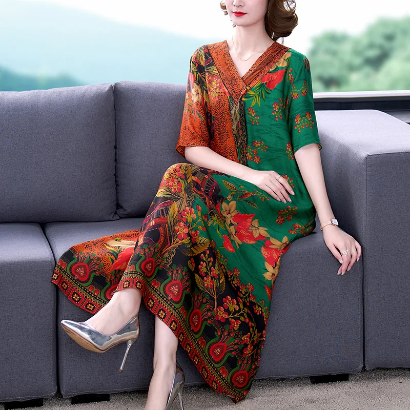 

Female High Quality Floral Mulberry Silk Midi Dress 2022 Korean Vintage Casual Party Dress Summer New Short Sleeve Elegant Dress