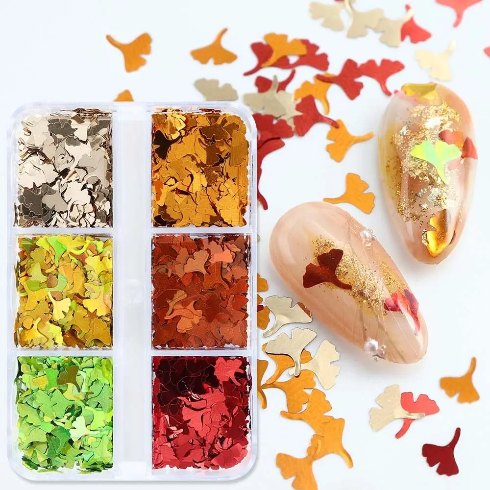 

6 Grids Holographic Ginkgo Leaf Nail Glitter Sequins Decorations Shiny Fall Leaves Flakes Autumn DIY Nail Supplies Accessories