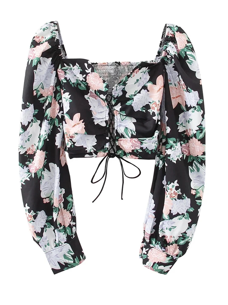 

SVOKOR Women Lace-up Floral Tops Drawstring Summer Puff Sleeves Shirt Fashion Print Square Crop Tops Romantic French