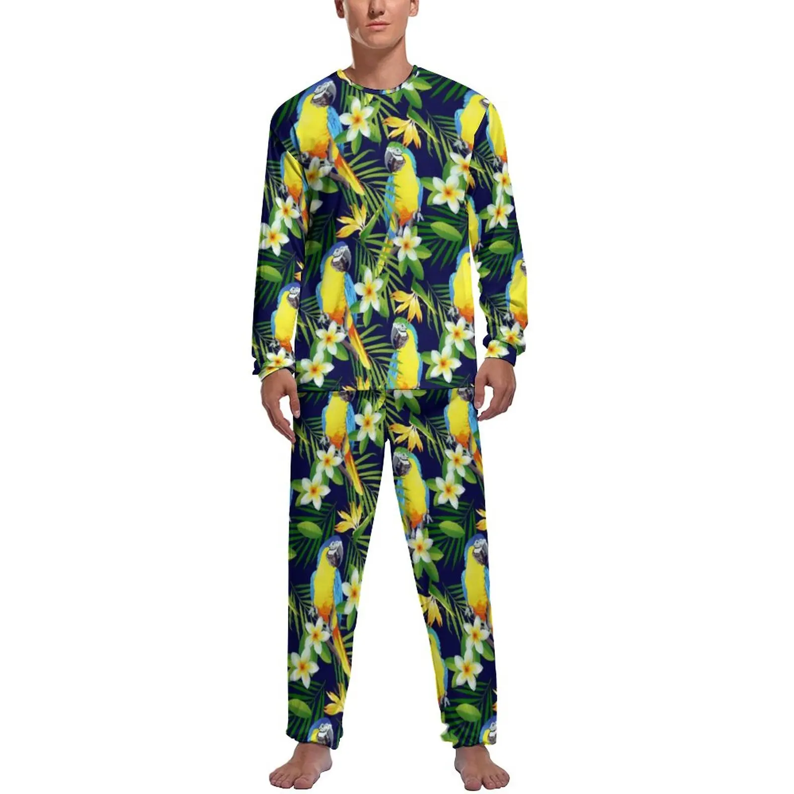 

Parrots And Hibiscus Pajamas Spring Tropical Birds Print Aesthetic Nightwear Mens 2 Piece Design Long-Sleeve Soft Pajama Sets