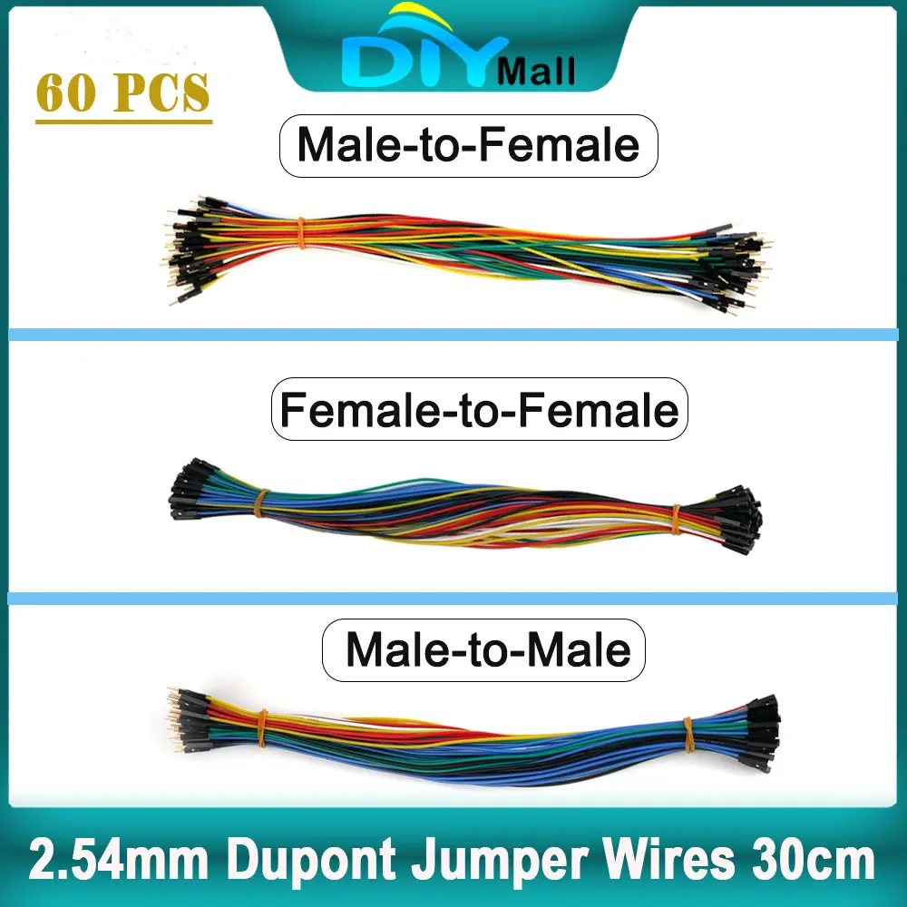 Фото 60 шт. 2,54 мм перемычки Dupont 30 см 22AWG силиконовый кабель позолоченные клеммы для Arduino Raspberry Pi PCB DIY проекты №1