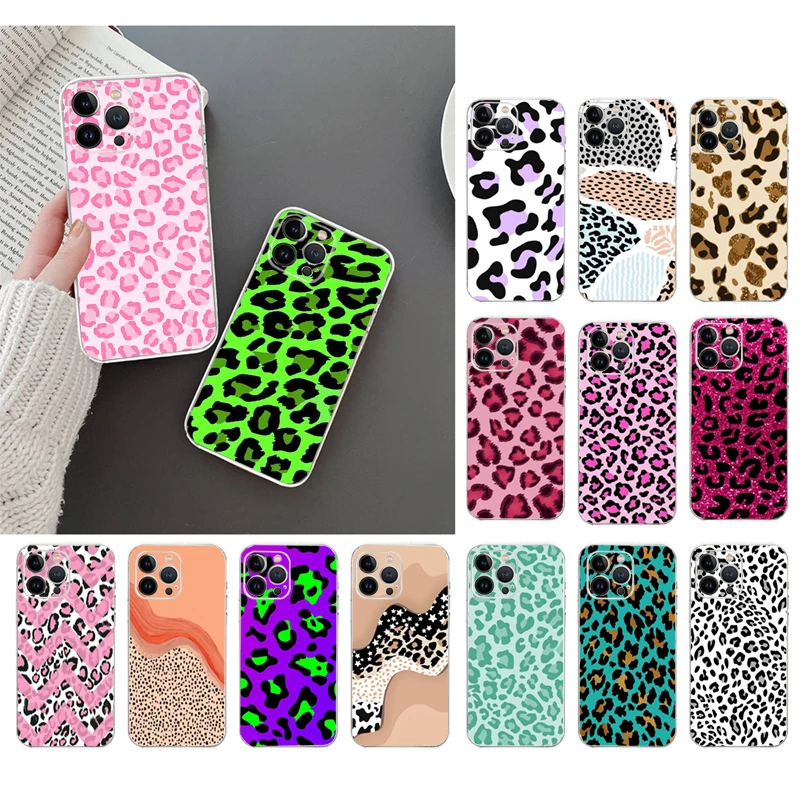 

Phone Case For iphone 14 Pro Max 13 12 11 Pro Max XS XR X 12mini 7 8 Plus SE Colorful Pink Leopard Print Case Funda