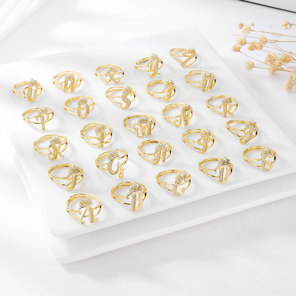 

Crown Zircon Opening Letter Ring for Women Micro Pave Cubic Zirconia Open Copper Rings Gold Plated Brass Adjustable CZ Anillo