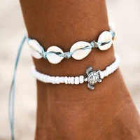 shell turtle layered anklet set handmade turquoise and white foot jewelry accessories for women girl boho beach style set of 2