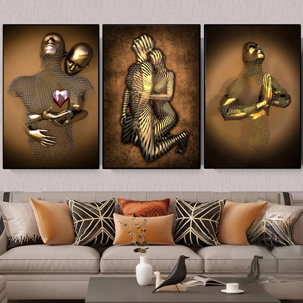 

Modern Abstract Gold Metal Figure Statue Wall Art Canvas Painting Romantic Lover Sculpture Posters and Prints Room Home Decor