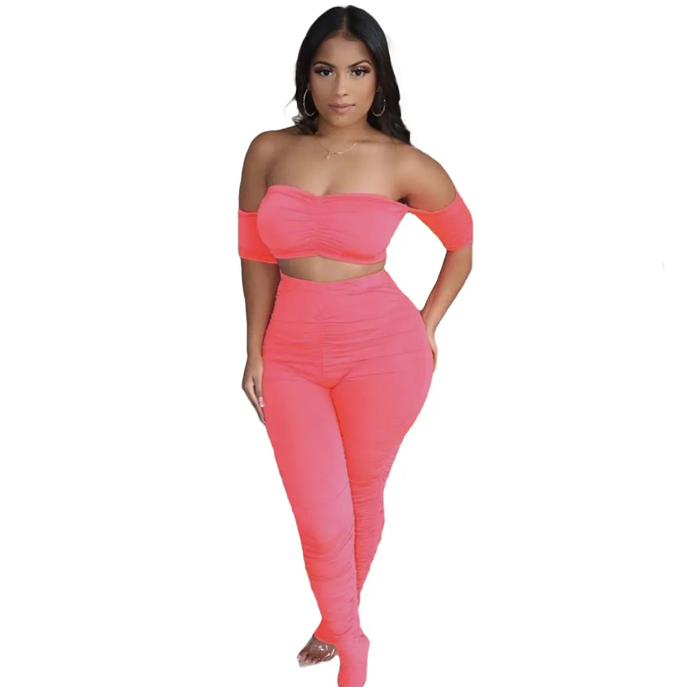 

Off Shoulder Strapless Tops With Flare Long Pants Summer Cropped Navel Pleated Solid Color Two-Piece Set