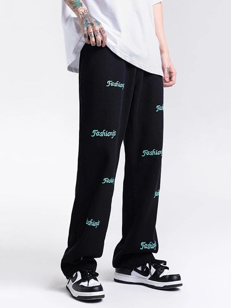 Four Seasons Men's Jeans Letter Embroidery Vibe High Street Straight Loose Jeans Y2k Pants Korean Fashion Street Jeans Aesthetic