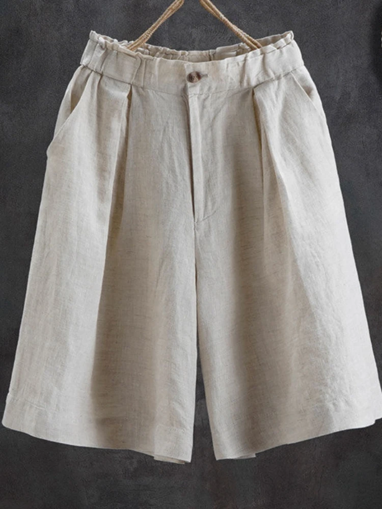 2023 New Women's Summer Shorts Cotton Casual Solid High Waist Shorts Elastic Waist Button Cozy Loose Linen Fashion Shorts