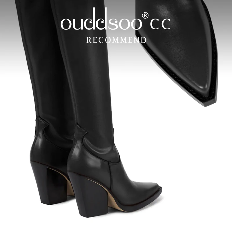 ODS Brand Genuine Leather Thick Heels Autumn Winter Over The Knee High Boots Woman Sexy Pointed Toe Stretch Shoes Party 40414346