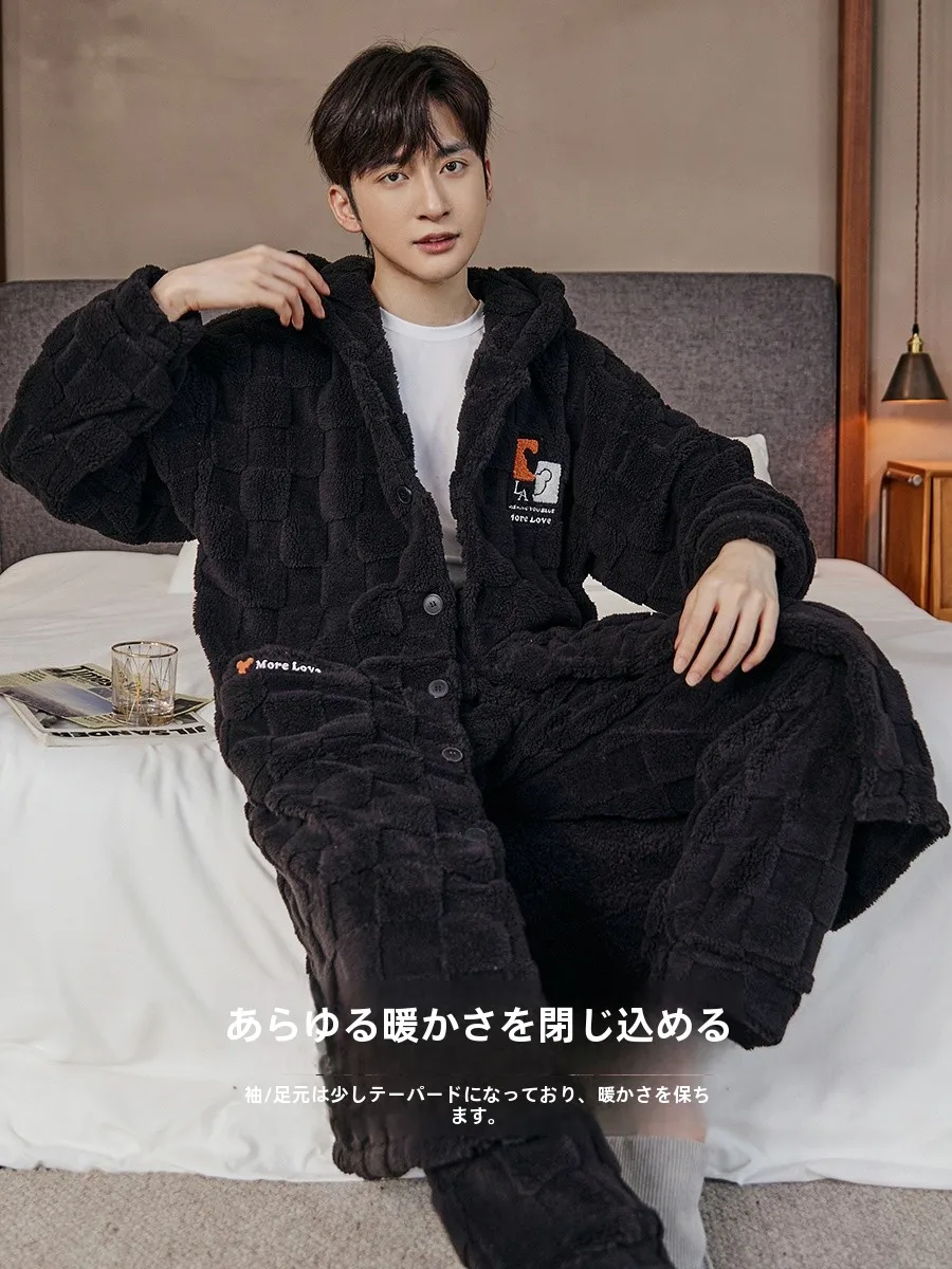 Men's Pajamas Autumn and Winter Thickened Coral Fleece Nightgown 2024 Long Hood Bathrobe Homewear Set