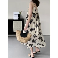 womens dress 2022 summer retro lazy ink print suspender dress fashionable temperament thin loose long a line dresses for female