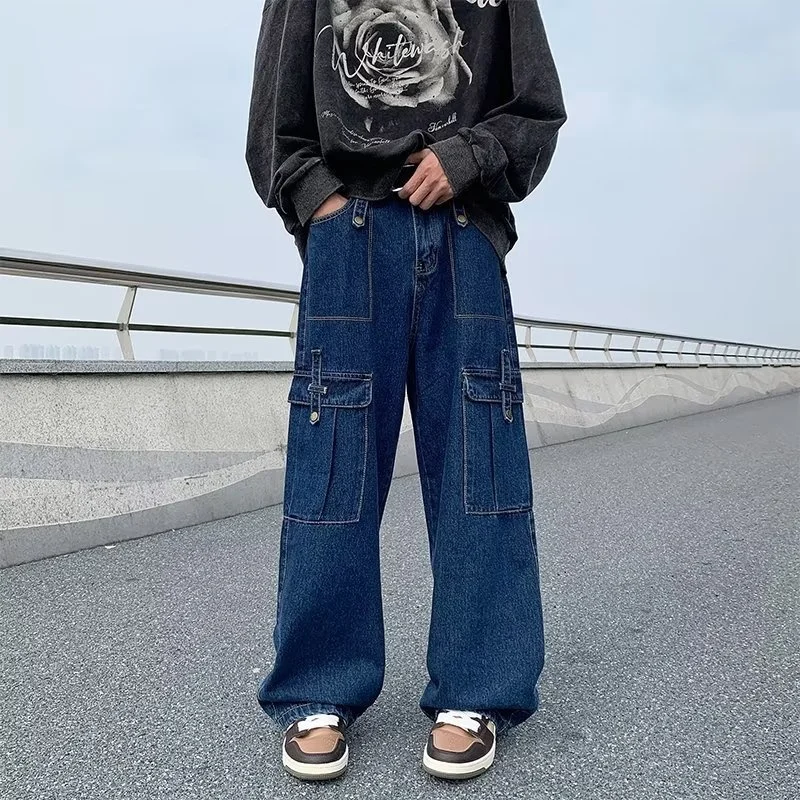 Blue Baggy Cargo Jeans Men Fashion Oversized Pocket Jeans Mens Japanese Streetwear Hip-hop Loose Straight Denim Trousers Men