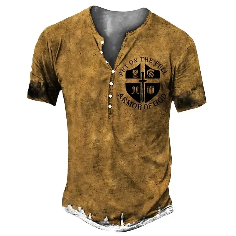 

Imitation Cotton T-Shirt Men Vintage 3D Printing Summer Short Sleeve Top Seven Button Tee O-Neck High Quality Oversized Clothing