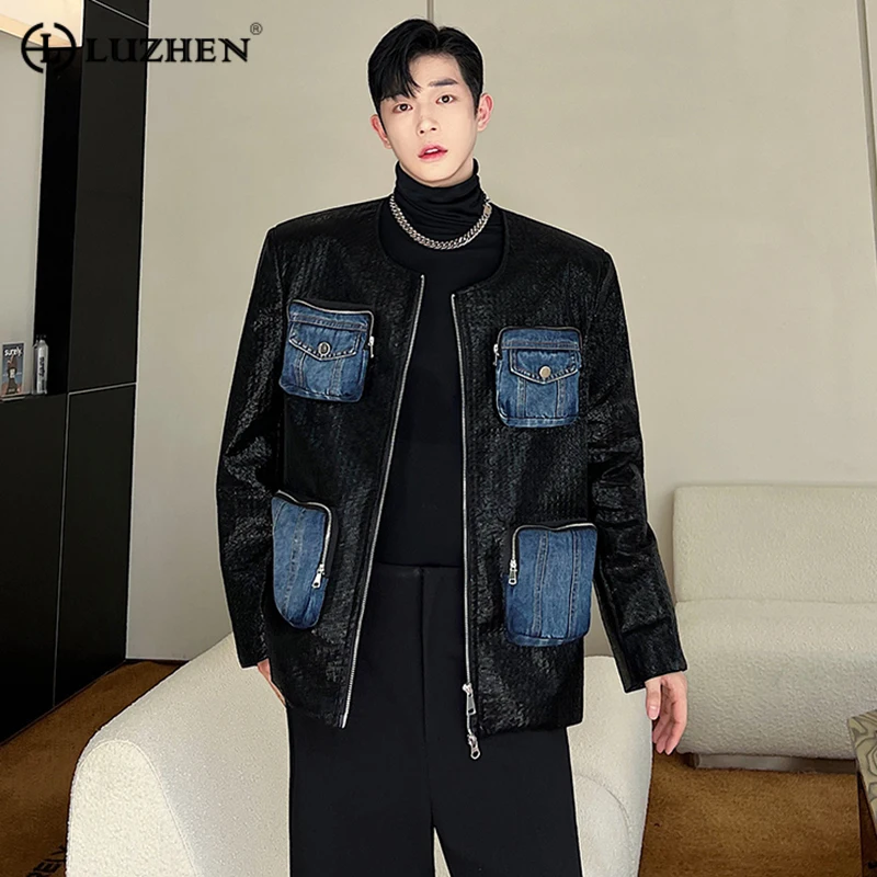 

LUZHEN мужские кожаные куртки пальто Джинсовая Лоскутная с несколькими карманами нишевая дизайнерская Повседневная Уличная одежда на молнии Осенняя новая одежда 70b082