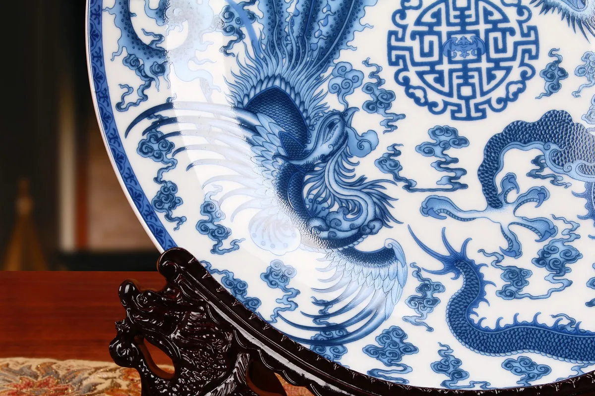 Синяя и белая тарелка для сиденья с изображением дракона феникса подвесная