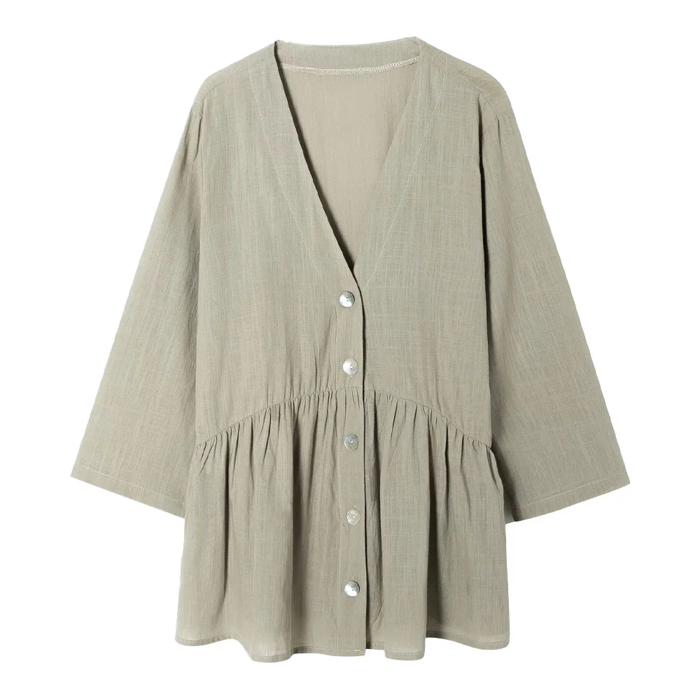 

Женская льняная рубашка на пуговицах, повседневная винтажная универсальная женская рубашка с V-образным вырезом, 2022